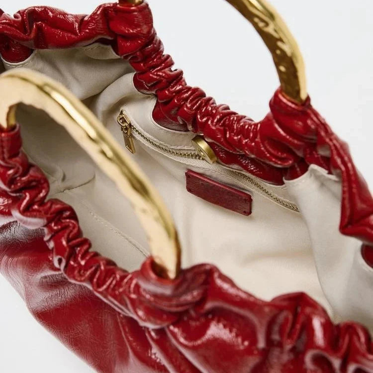 Crimson Aura Ruched Leather Handbag