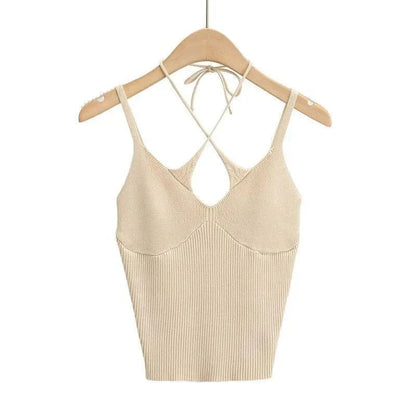 Damian Beige Cotton Cross Halter Top