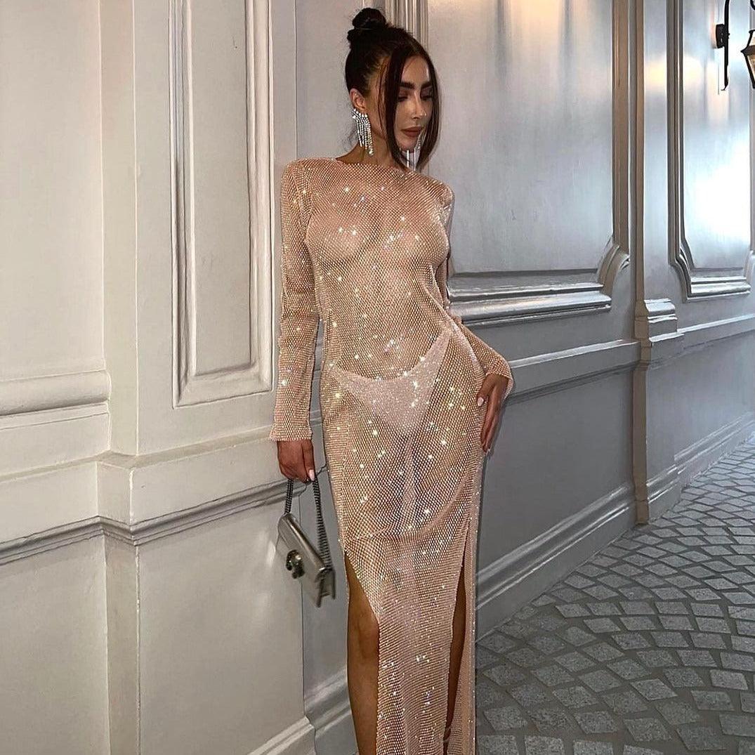 Diamond Dusk Beige Rhinestone Maxi Dress