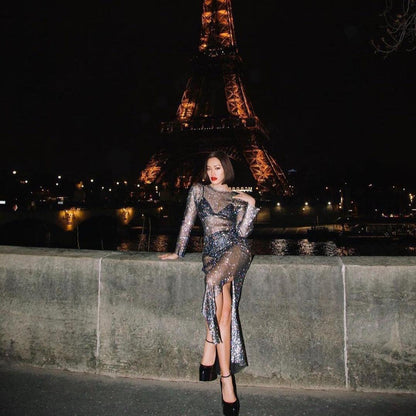 Diamond Dusk Black Rhinestone Maxi Dress