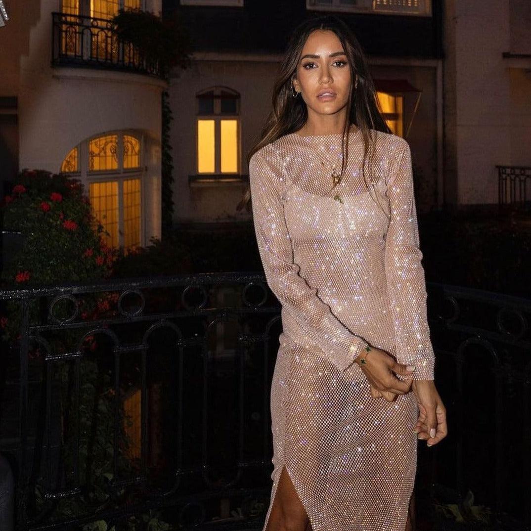 Diamond Dusk Beige Rhinestone Maxi Dress