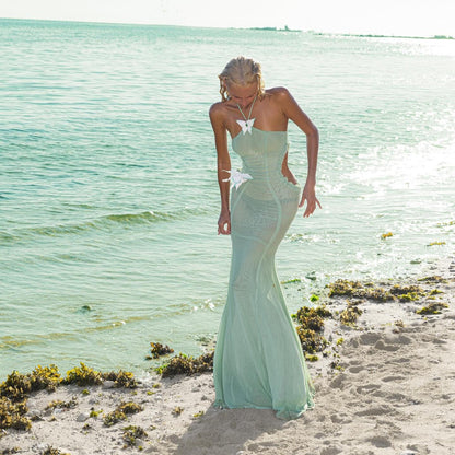 Don't Need A Filter Butterfly Halter Light Green Maxi Dress
