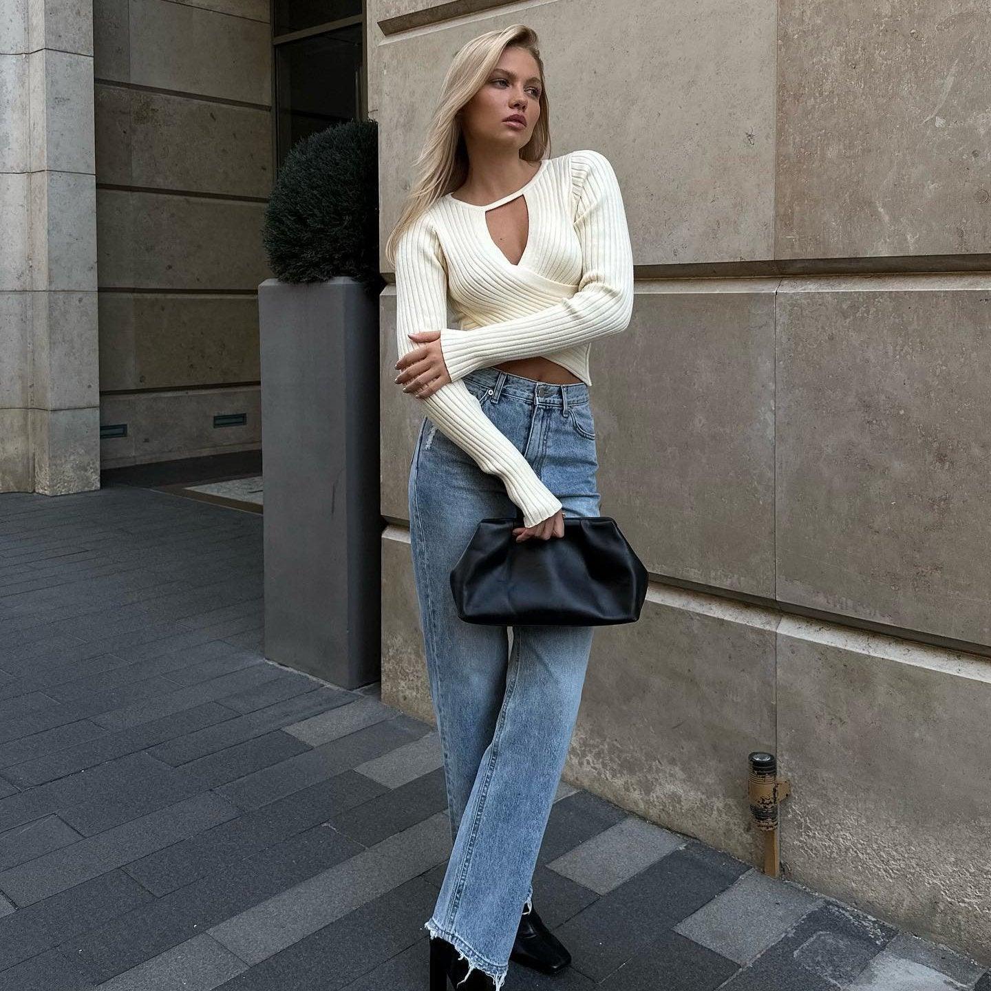 Drive You Crazy Ivory V-Neck Ribbed Sweater Chic