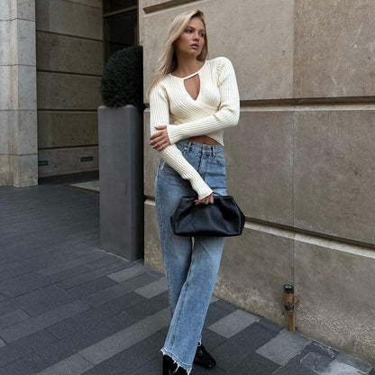 Drive You Crazy Ivory V-Neck Ribbed Sweater Chic