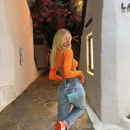 Emilia Orange Ribbed Long Sleeve Crop Top