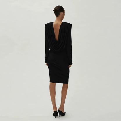 Esme Draped Neck Padded Shoulder Black Blouse