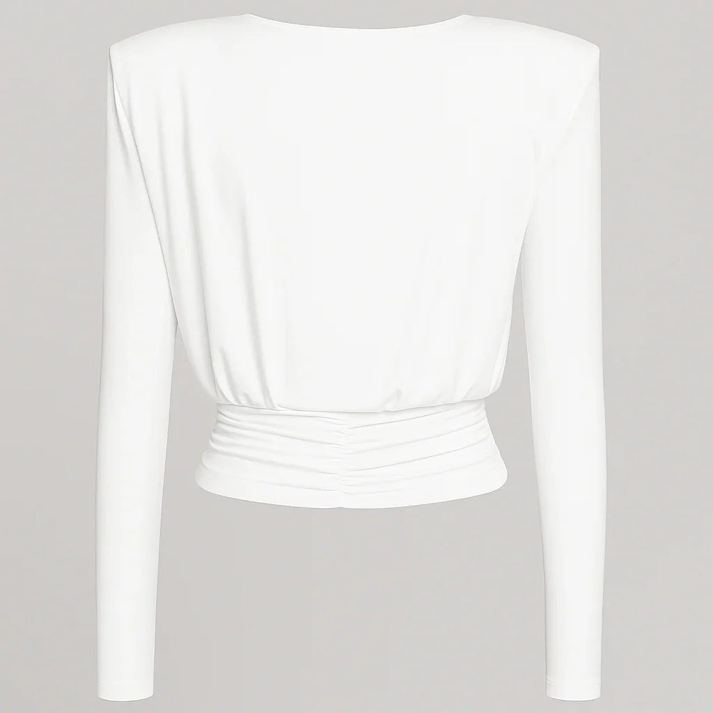 Esme Draped Neck Padded Shoulder White Blouse