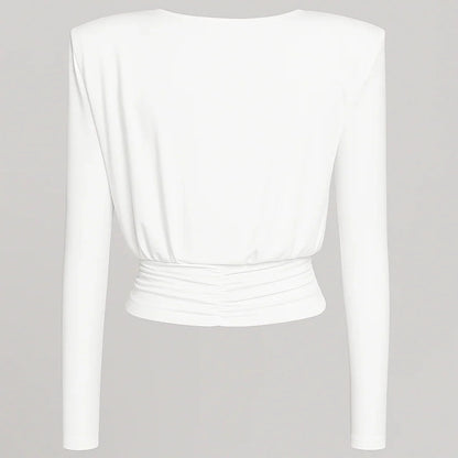 Esme Draped Neck Padded Shoulder White Blouse