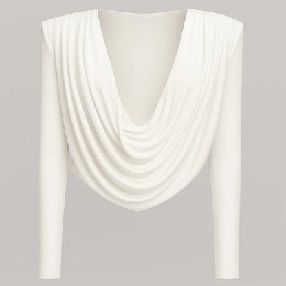 Esme Draped Neck Padded Shoulder White Blouse