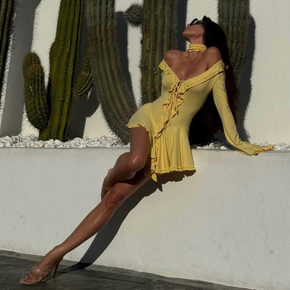 Falling For You Yellow Ruffle Off-Shoulder Mini Dress