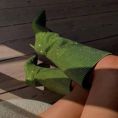 Fashionista Green Rhinestone Stiletto Boots