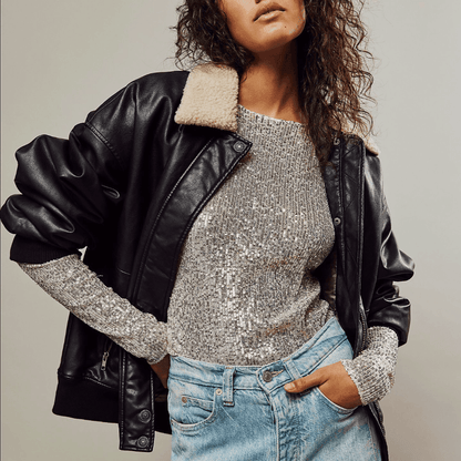 Flashback Silver Sequined Long-Sleeve Crop Top