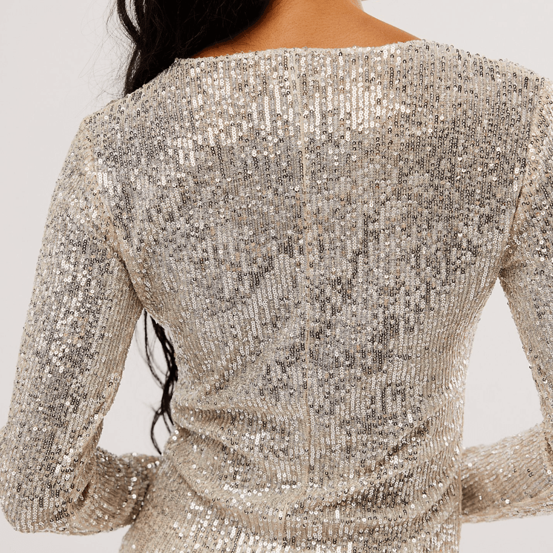Flashback Silver Sequined Long-Sleeve Crop Top