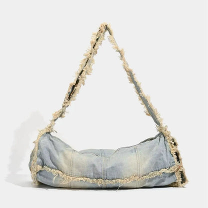 Fringe Baguette Denim Shoulder Bag
