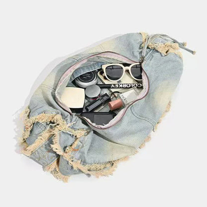 Fringe Baguette Denim Shoulder Bag