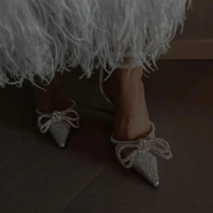 Galaxy Silver Glitter Wrap Around Bow Heels