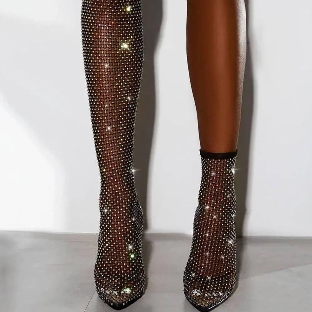 Glimmer Rhinestone Mesh Heel Boots