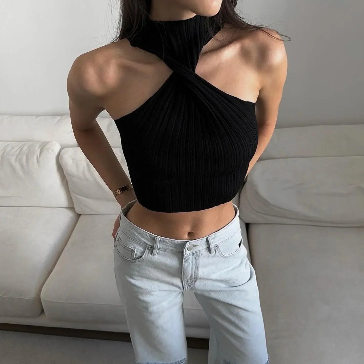Heartbeat Ribbed Twist Black Crop Top