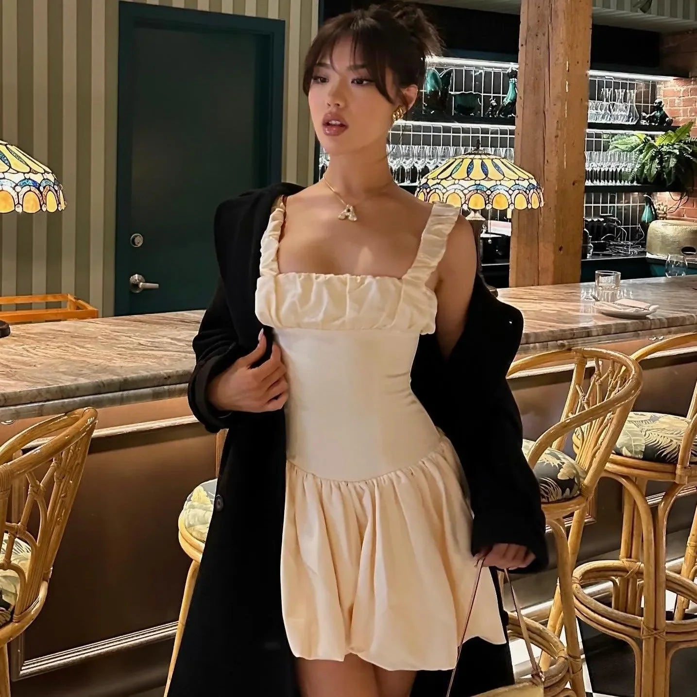 His Prettiest Problem Ivory Satin Bubble Hem Mini Dress