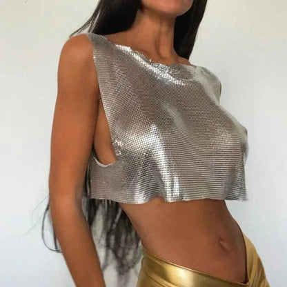 Hot Date Silver Chainmail Cowl Neck Tank Top