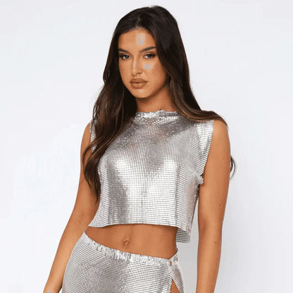 Hot Date Silver Chainmail Cowl Neck Tank Top