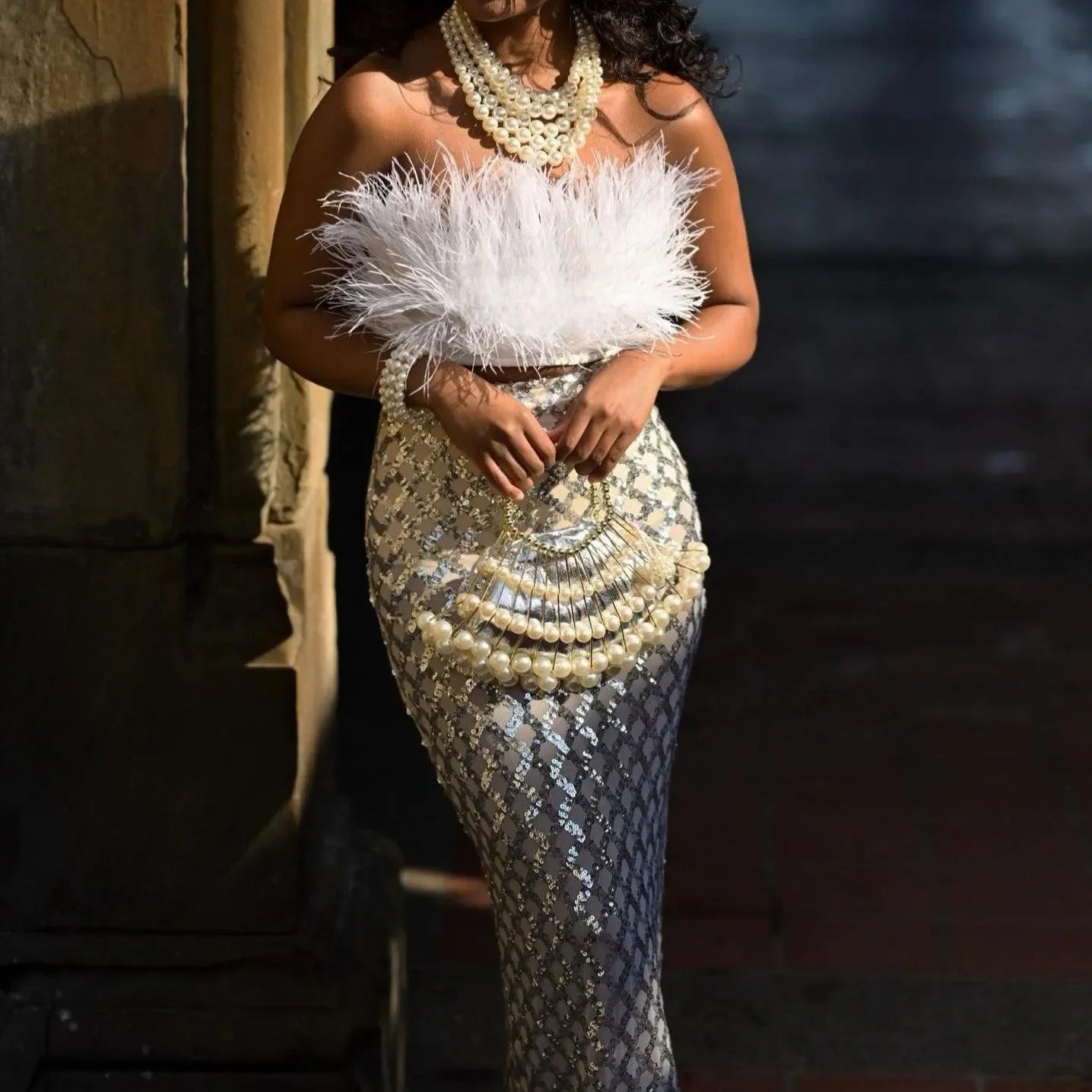 Invitation Only Feather Sequins White Two Piece Set