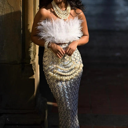 Invitation Only Feather Sequins White Two Piece Set