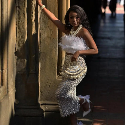Invitation Only Feather Sequins White Two Piece Set