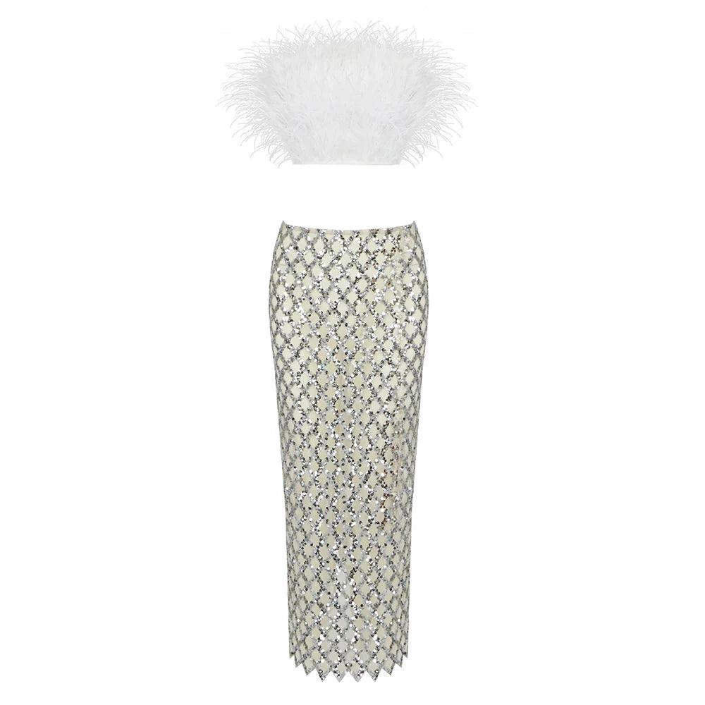 Invitation Only Feather Sequins White Two Piece Set