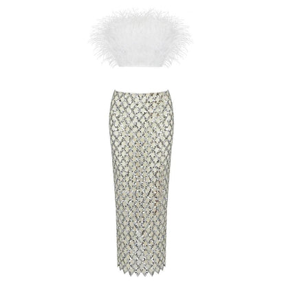 Invitation Only Feather Sequins White Two Piece Set