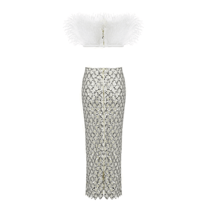 Invitation Only Feather Sequins White Two Piece Set