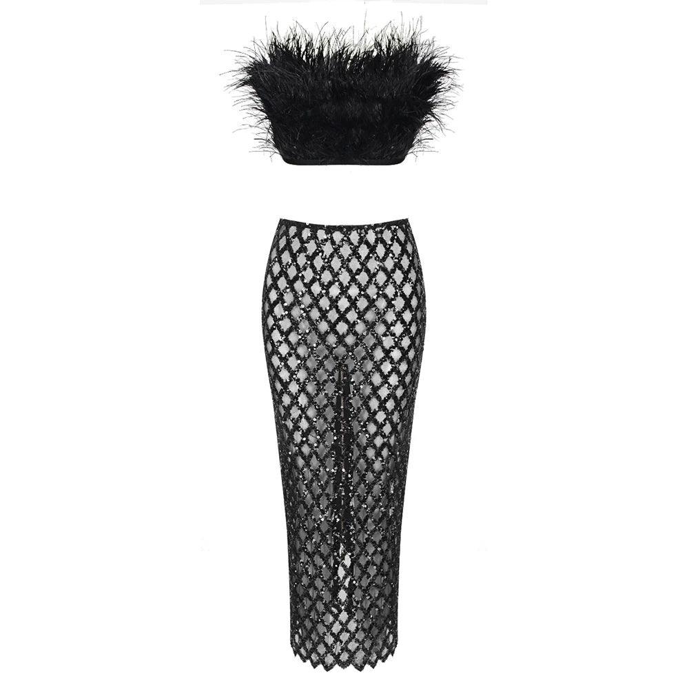 Invitation Only Feather Sequins Black Two Piece Set
