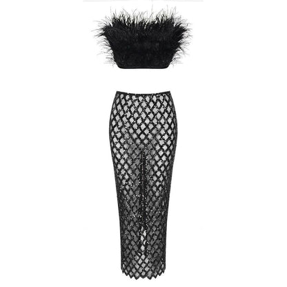Invitation Only Feather Sequins Black Two Piece Set