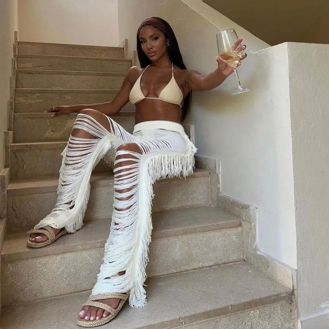 Jada White Ripped Tassel Straight Pants
