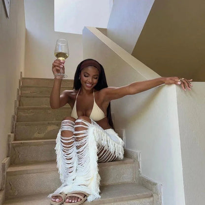 Jada White Ripped Tassel Straight Pants