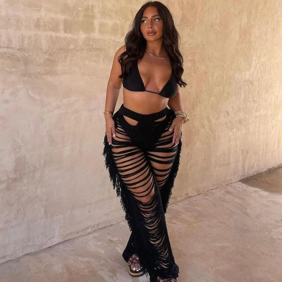 Jada Black Ripped Tassel Straight Pants