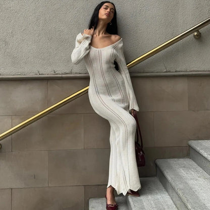 Juno White Knitted Long-Sleeved Maxi Dress