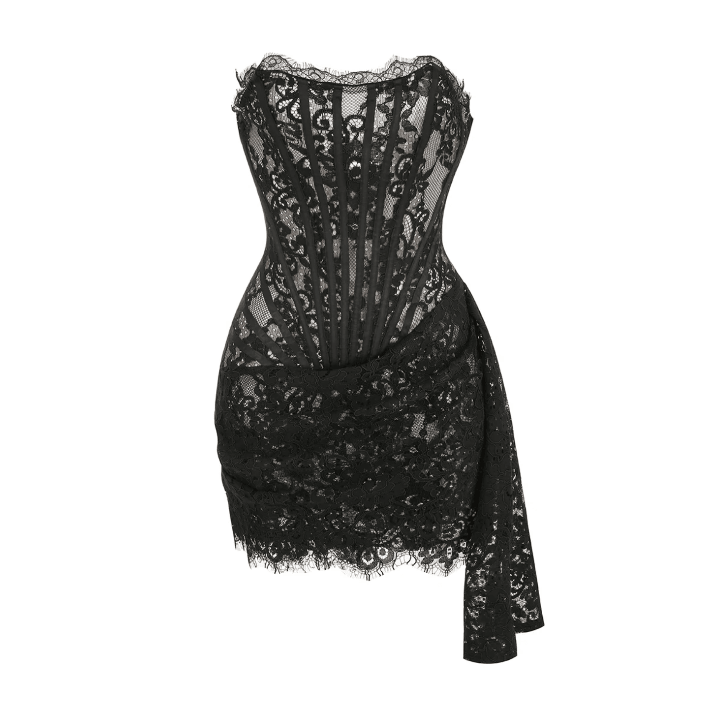 Lace Lure Corset Draped Black Mini Dress