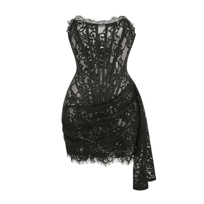 Lace Lure Corset Draped Black Mini Dress