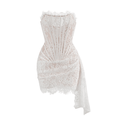 Lace Lure Corset Draped White Mini Dress