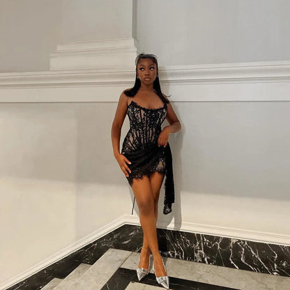 Lace Lure Corset Draped Black Mini Dress