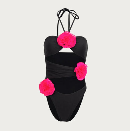 Laguna Black & Hot Pink Rose One-Piece Swimsuit