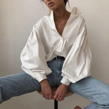 Linda White Lantern Sleeve Casual Shirt