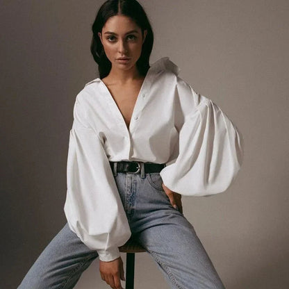 Linda White Lantern Sleeve Casual Shirt