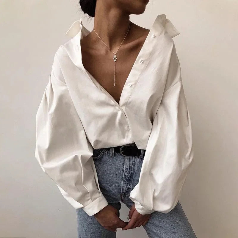 Linda White Lantern Sleeve Casual Shirt