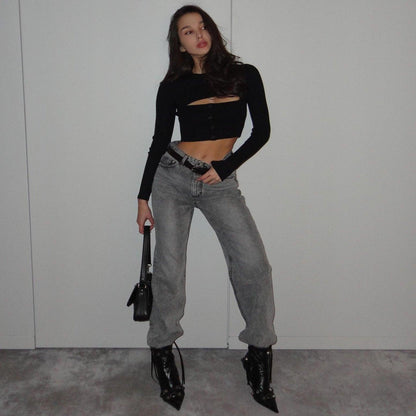 Love & Love Long Sleeve Ribbed Black Top