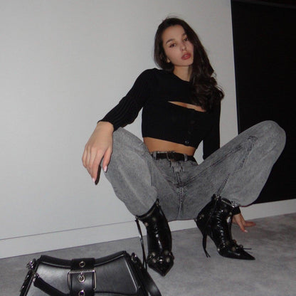 Love & Love Long Sleeve Ribbed Black Top