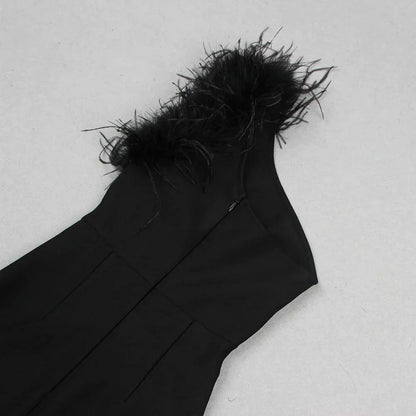 Mademoiselle Elegant One Shoulder Feather Maxi Dress
