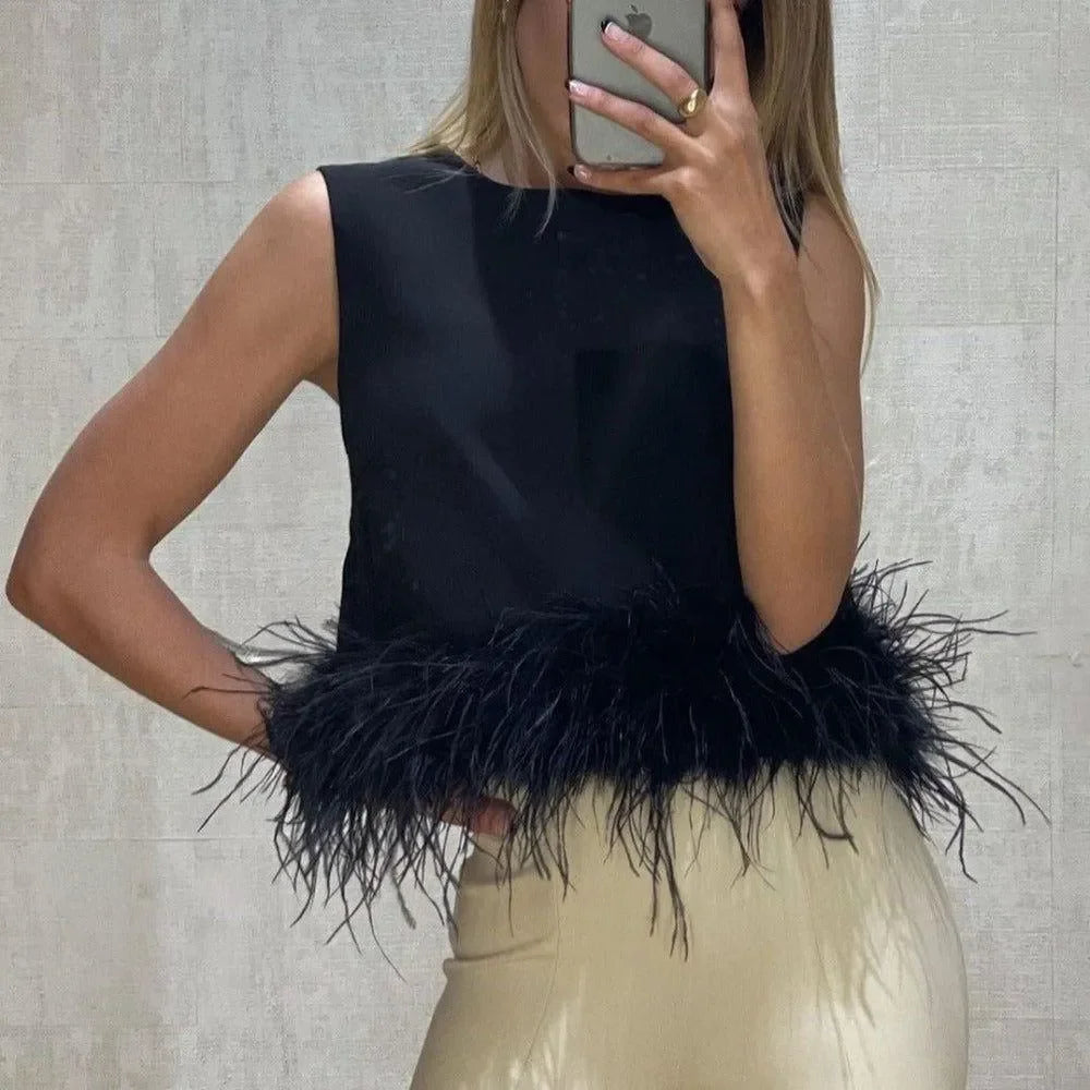 Maisy Black Feather Trim Top