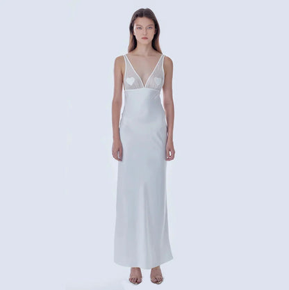 Malika White Satin Mesh Maxi Dress